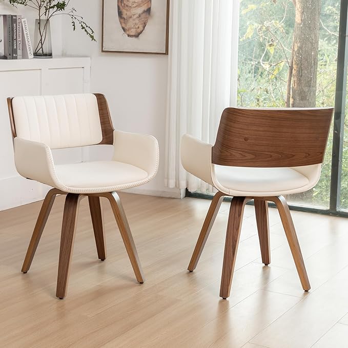 LUNLING Swivel Accent Faux Leather Dining Chairs Set of 2 Mid Century Modern Chairs with Wooden Legs/Armrest/Upholstered Seat/Adjustable Foots for Kitchen Dining Room Desk Chairs Green PU