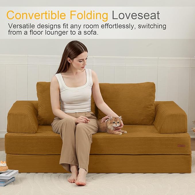 COMAX Convertible Sofa Bed, Folding Floor Couch Corduroy Fold Out Couch Bed Futon Sleeper Mattress with Pillows, Boneless Sofa Comfy Lounge Loveseat for Living Room Bedroom, Yellow