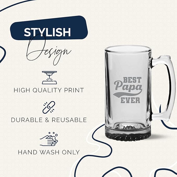 Best Papa Ever Beer Glass - 16oz Beer Mug Drinkware Gift, Fathers Day Present, Best Papa Mug, Gifts From Son and Daughter, Gifts For Dad, Daddy's Sippy Cup and Wine Glass, Gift for New Dads