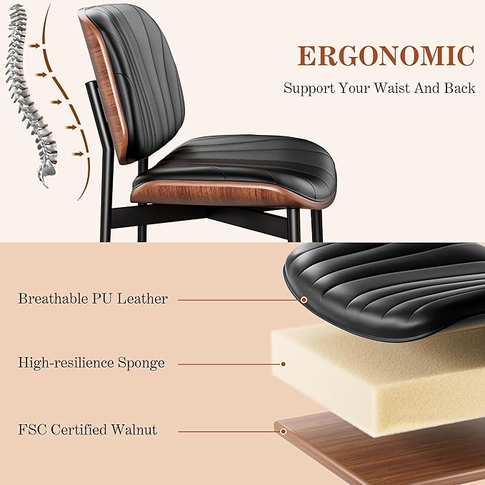Dining Chairs Set of 8, Mid-Century Modern Upholstered PU Leather Chairs with Walnut Bentwood Back and Metal Legs Adjustable Feet for Kitchen Dining Room, Black Shell Strips
