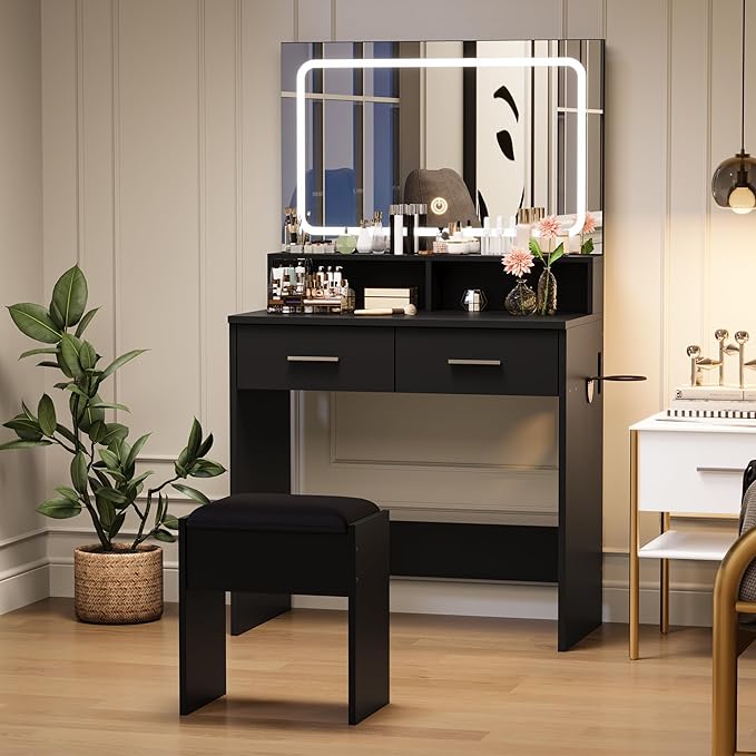 GarveeHome Vanity Desk with Mirror and Lights, 3 Color Modes Makeup Vanity with Cushioned Stool, 2 Drawers & Charging Station, Modern Dressing Table for Bedroom, Makeup Studio, Black