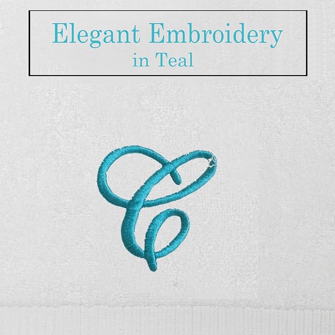 White Monogrammed Hand Towels for Bathroom - Luxury Hotel Quality Personalized Initial Embroidered Towel for Powder Room, Spa - GOTS Organic Certified - Set of 2 Teal Letter C