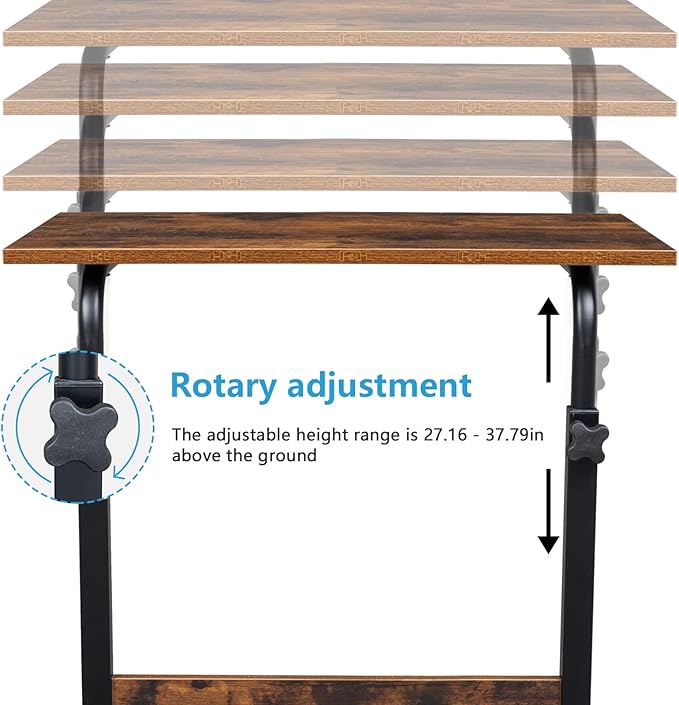 Goujxcy Sofa Side Table C Shaped End Table with Wheels, Rolling Bedside Laptop Table Snack Table TV Tray, Height Adjustable, Wooden Top & Metal Frame