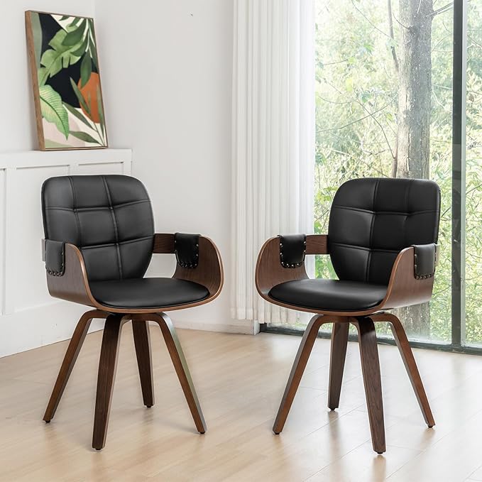 Set of 4 Swivel Walnut Dining Chairs - Mid Century Dining Chairs with Arm and Curved Back, Walnut Craftsmanship, Bentwood Structure, Perfect for Living Room/Reception/Restaurant/Kitchen (Coffee Brown)