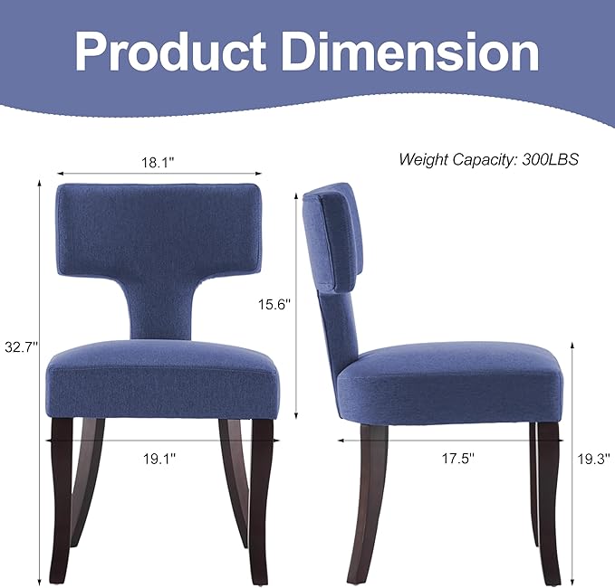 Mid Century Modern Dining Chairs Set of 4, Upholstered Side Dining Chairs with Curved Back Linen Fabric Armless Wood Chairs Kitchen & Dining Room Farmhouse Chairs (Blue)