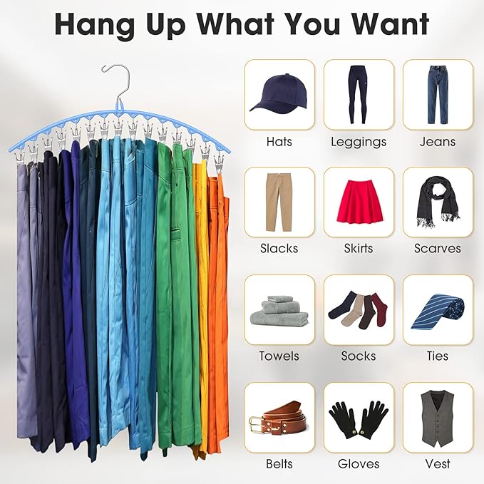 Upgrade Skirt Pants Hangers with Clips, Metal Pants Legging Organizer for Closet Holds 30 Leggings/Shorts/Jeans/Skirts Pant Hangers Space Saving Hanging Closet Organizers Shorts Hanger, Blue 2Pack