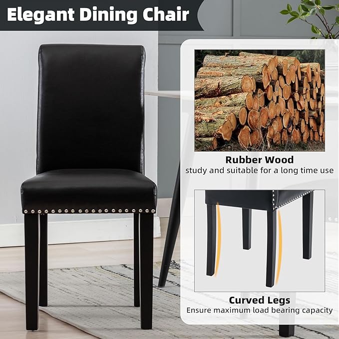 Westice Dining Room Chairs Set of 8 Upholstered PU Leather Kitchen Chairs Dining Room Side Chair with Nailhead Trim and Rubber Wood Legs for Small Space Apartment, Black