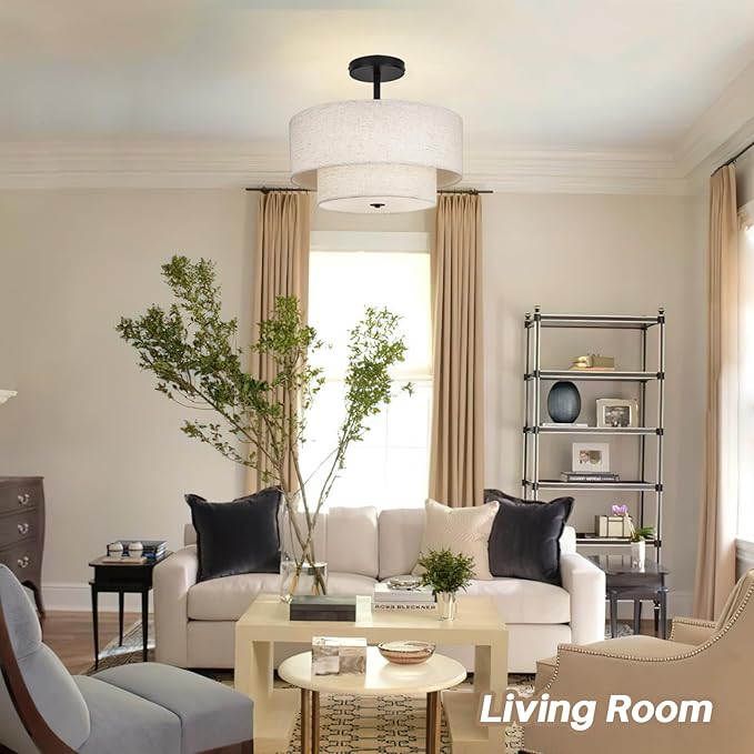 18 Inch Large Semi Flush Mount Ceiling Light Fixture with Dual Drum Design, Farmhouse Fabric Linen Shade for Bedroom, Living Room, Kitchen, and Dining - Modern Chandelier Lamp