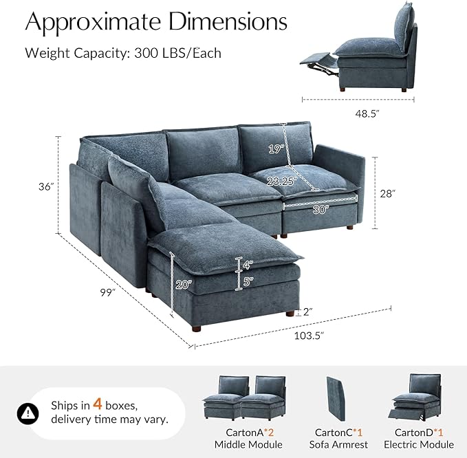 HULALA HOME 98'' Power Recliner Sofa with Dual-Layered Cushions, Oversized Modular Sectional Sofa L Shaped Couch with Storage Ottoman, 4 Seater Cloud Couch for Living Room, Blue