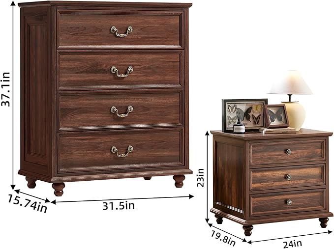 24" Wide Farmhouse Nightstand Set of 2, 37" Tall Rustic Chests of Drawers w/ 4 Solid Wood Feet, Farmhouse Furniture Series for Living Room,Bedroom,Brown