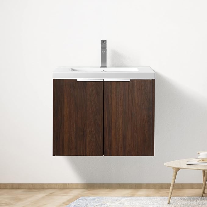 Goujxcy 24" Wall Mounted Bathroom Vanity with Sink, Modern Floating Bathroom Cabinet with White Resin Wash Basin & Storage Cabinet, Soft-Close Door Wood Hanging Bath Room Cabinet