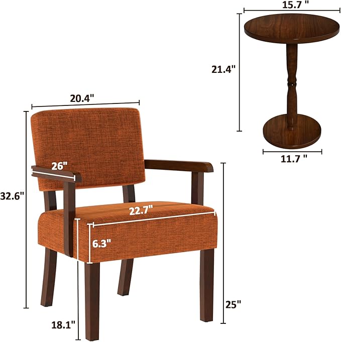 Accent Chair Set of 2 with Table, Upholstered Living Room Chairs with Wood Frame, Modern Oversized Reading Armchair for Bedroom Waiting Room (Orange)