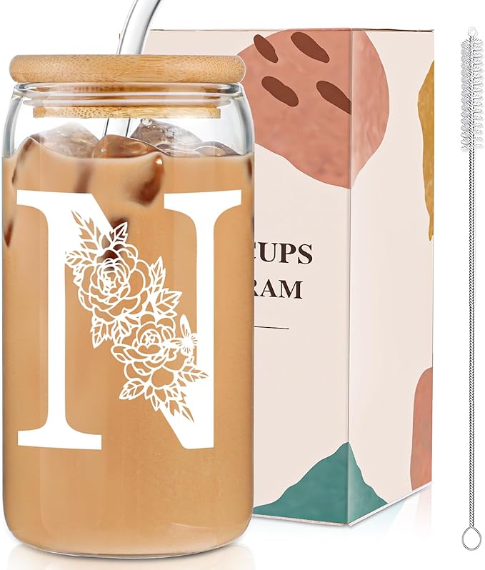 DWTS DANWEITESI Birthday Gifts for Women: Initial Glass Cup as Office Graduation Memorial Holiday Personalized Gifts - for Teacher Employee Nurse Coworkers Bridesmaid Bride - N Aesthetic Cup