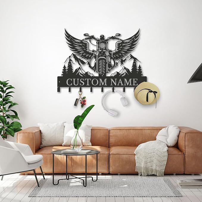 Personalized Motorcycle Metal Key Holder, Custom Last Name Metal Wall Sign, Hanging Storage Rack for Garage and Home Decor (Style-3)