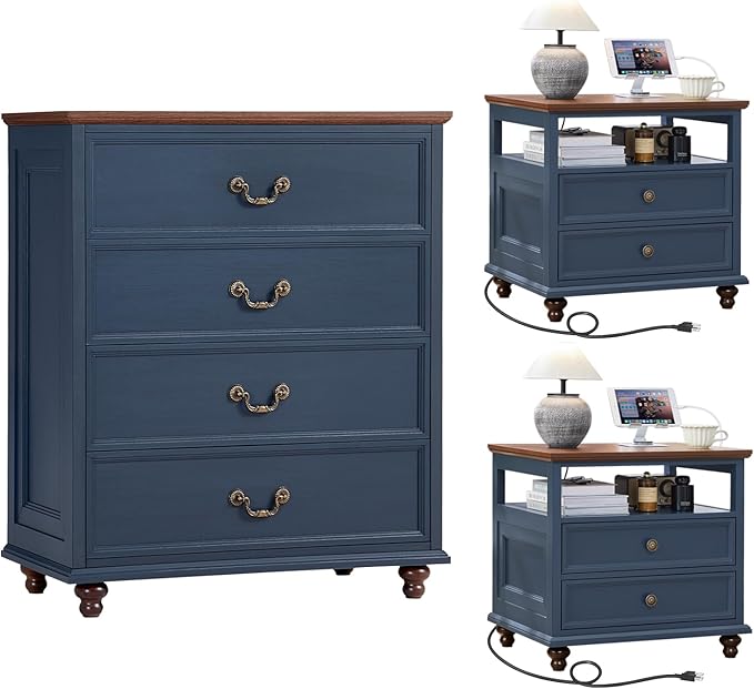 24" Wide Farmhouse Nightstand with Charging Station Set of 2, 37" Tall Rustic Chests of Drawers w/ 4 Solid Wood Feet, Farmhouse Furniture Series for Living Room,Bedroom,DarkBlue