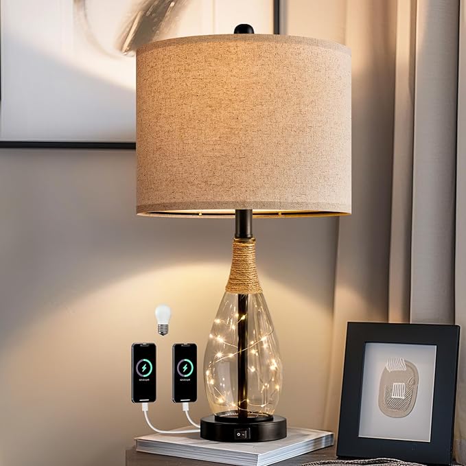 OYEARS 23" USB A+C Table Lamp for Bedroom Living Room Modern Bedside Lamps Retro Farmhouse Rattan Glass Nightstand Nightlight Lamps (Black),Two Light Points