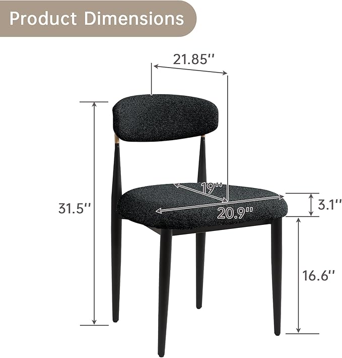 Morden Fort Black Dining Chairs Set of 6, Boucle Upholstered Chairs with Curved Backrest and Metal Legs for Dining Room, Kitchen and Apartment