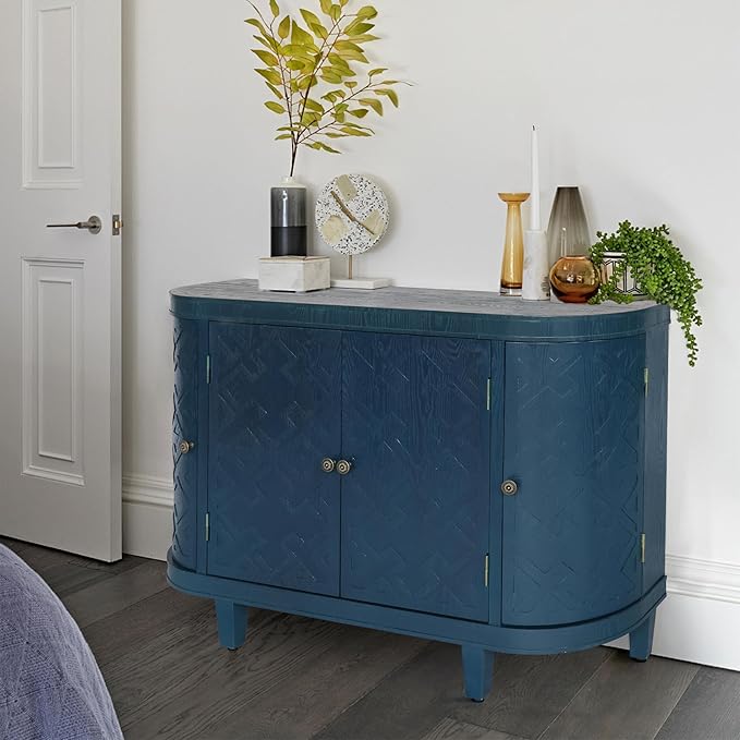 KEIKI 47'' Modern 4-Doors Buffet Sideboard with Storage,Wood Fluted Accent Cabinet with Curvy Edge, Oval Freestanding Credenza Entryway Console Table for Living Room, Hallway, Dining Room,Kitchen,Blue