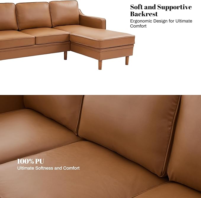 Kingfun 88" L-Shape Sofa, Faxu Leather Sectional Couch, Mid Century Modern Couches with Solid Wood Frame for Living Room & Bedroom, Brown