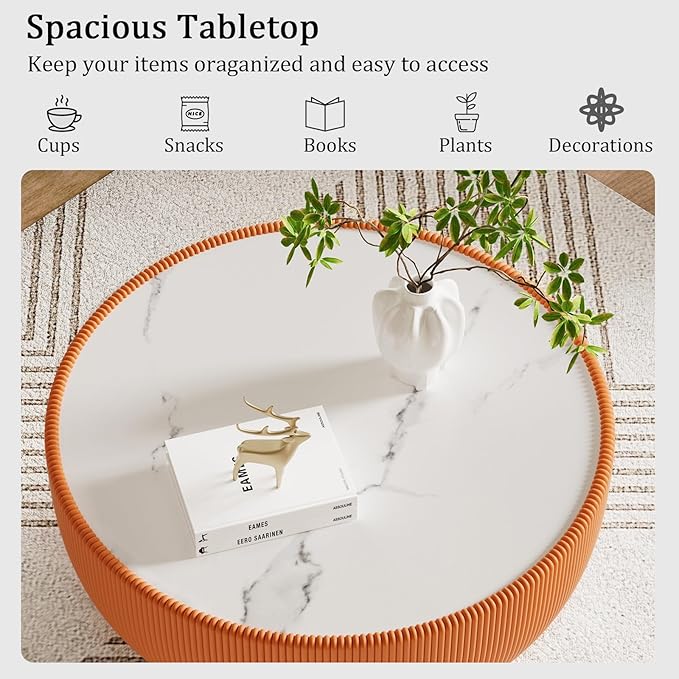 Orange Round Coffee Table with Sintered Stone Tabletop, 29.53" Drum Coffee Table with Fluted PU Leather Covered and Metal Base, Circle Cocktail Tea Table for Living Room