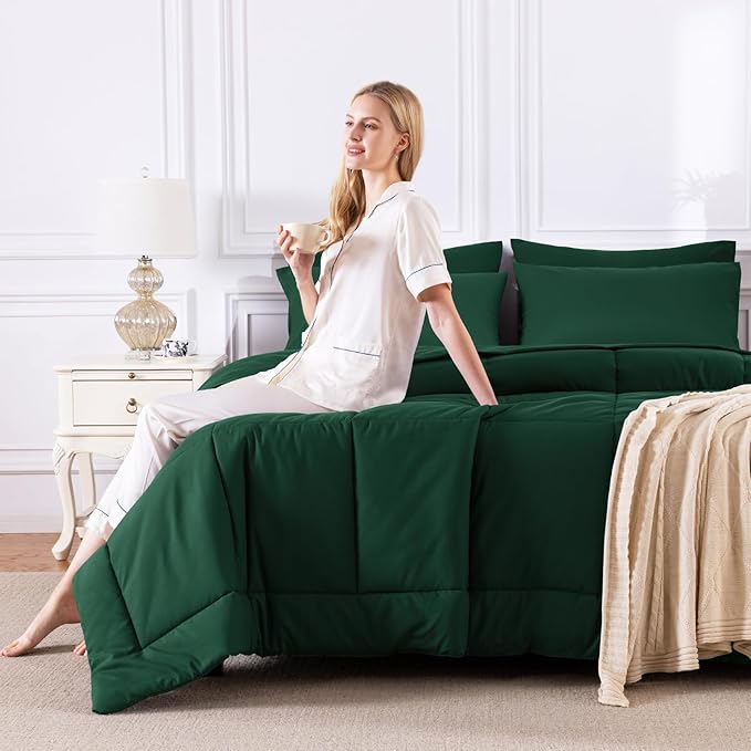 CozyLux King Size Comforter Set Emerald Green, 7 Pieces Bed in a Bag, Green Comforter King Size, All Season Bedding Sets with Stitch Quilted Comforter, Flat Sheet, Fitted Sheet, Pillowcases