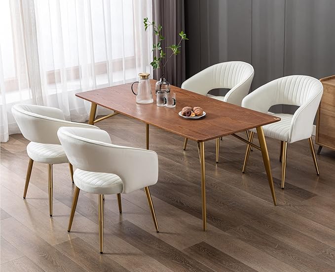 Modern Velvet Dining Chairs Set of 6, Upholstered Gold Dining Room Chairs with Hollow Back, Accent Armrest Kitchen Chairs with Gold Legs for Living Room Reception Beige