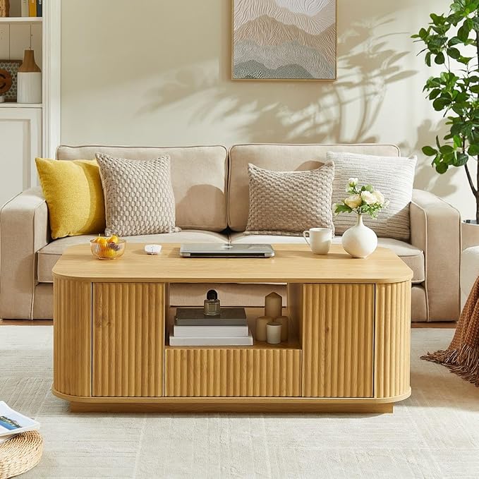 Coffee Table for Living Room, 46.5 Inch Modern Oval Coffee Table with Storage & 2 Drawers, Mid-Century Minimalist Wood Center Table with Hidden Compartments, Adjustable Feet (Black)