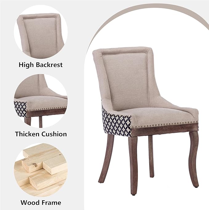 Farmhouse Dining Chairs Set of 4, Upholstered Fabric Dining Room Accent Chairs with Wood Legs & Bronze Nailhead, High Wingback Kitchen Chairs for Living Room Hotel Apartment, Beige Patterned