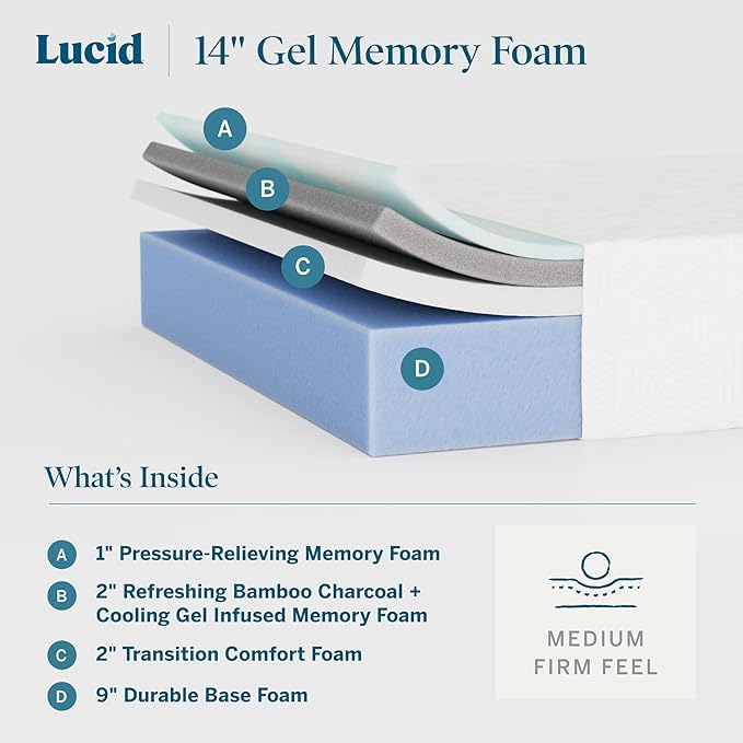 Lucid 14 Inch Memory Foam Mattress - Medium Firm Feel - Infused with Refreshing Bamboo Charcoal and Cooling Gel - Bed in a Box - Temperature Regulating - Pressure Relief - Breathable - Twin XL Size