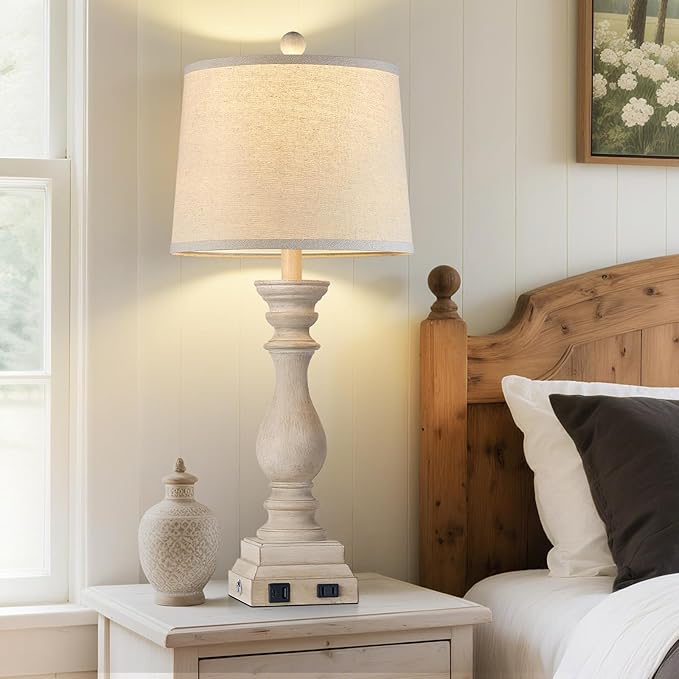 28" Farmhouse Table Lamps Set of 2 with USB C+A Ports and AC Outlet, 3 Way Touch Tall Vintage Bedside Lamp for Living Room, Beige Rustic Nightstand Lamp for Bedroom Office