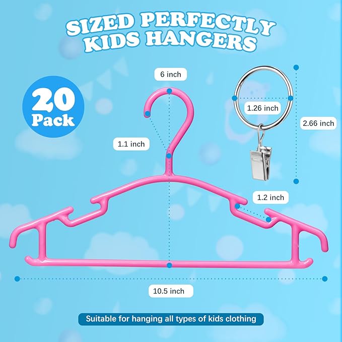 Baby Hangers with Metal Ring Clips, Children Plastic Hanger for Kids Pants Clothes Closet, 20 Pack, Rose red