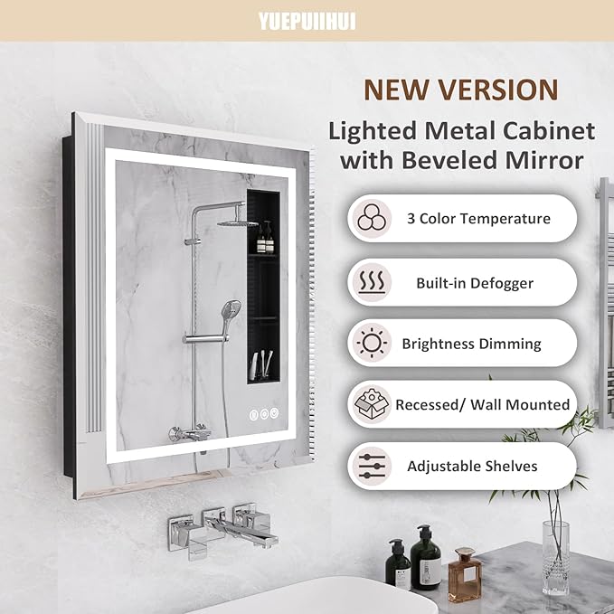 24X30 Inch Lighted Medicine Cabinet with Mirror and Lights, Recessed Mirror Medicine Cabinet with Adjustable 3-Color, Brightness Dimming, Defogger, LED Bathroom Mirror Cabinet Wall Mounted