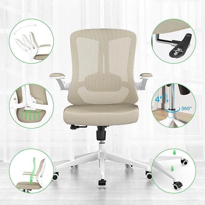 Office Chair, Ergonomic Comfort Home Desk Chair, Mid Back Gaming Chair with Wheels, Adjustable Height, Lumbar Support, Flip-up Armrest with 350LBS Capacity