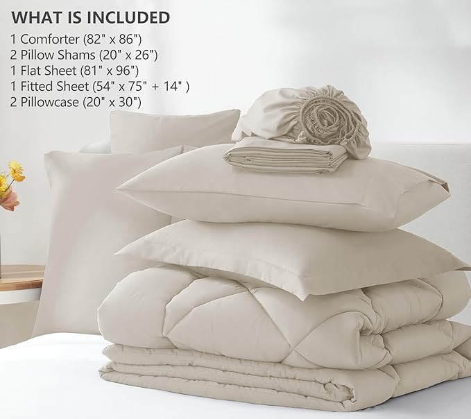 CozyLux Full Size Comforter Sets Beige - 7 Pieces Bed in a Bag Full, Luxury Soft Bed Set for All Seasons, Bedding Set with Down Alternative Comforter, Sheets, Pillowcases & Shams