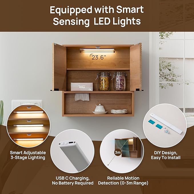 Bathroom Storage Cabinet with Motion Sensor LED Light, Wooden Medicine Cabinet Wall Mounted Cupboard with Disposable Face Towels Hole, Over Toilet Storage Cabinet and Adjustable Shelf (Oak)