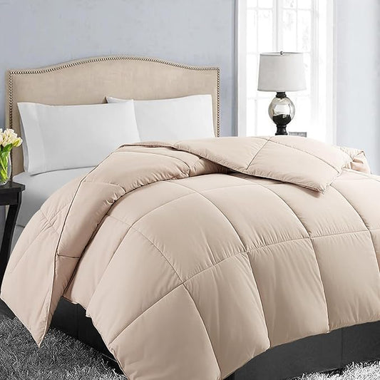 EASELAND Oversized Queen Down Alternative Comforter - Quilted Duvet Insert for All Seasons, Soft Lightweight with Corner Tabs, Summer Winter Warm Bedding, Beige 98×98 Inches