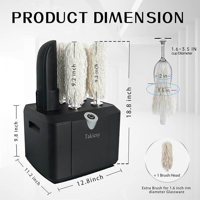 Commercial Glass Polisher Machine with 6 Microfiber Brushes, 330 Cups/Hour, 136℉ Warm Air Drying & LFGB Certified Heads, Build for Wine Beer Glasses in Bar Restaurant Hotel