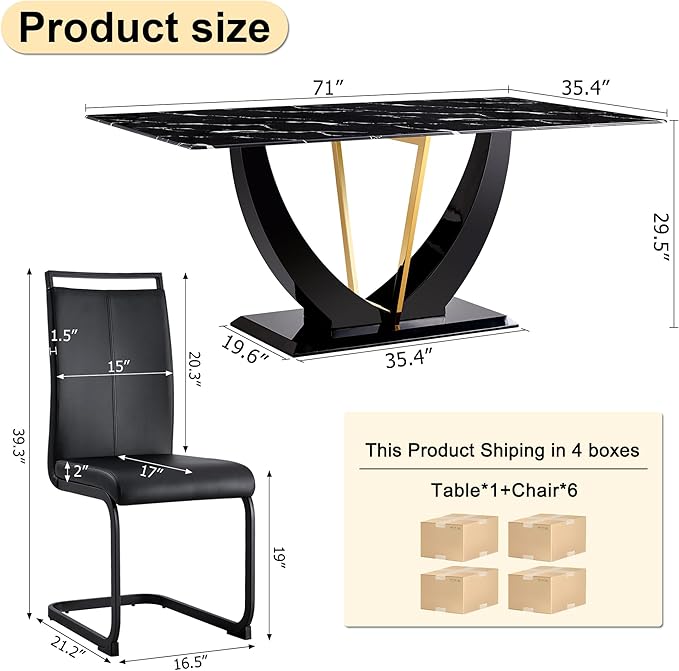71" Dining Table Set for 6, Black Faux Marble Dining Room Table Set for 6, Large Rectangular Kitchen Table Set and PU Leather Chairs,Glossy Tempered Glass Dinner Table with Black Leg