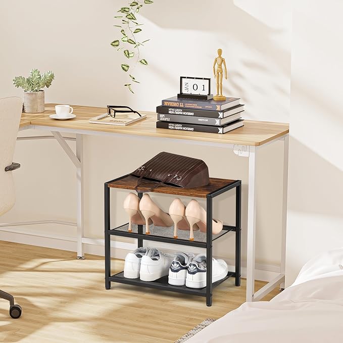 3-Tier Wooden Shoe Rack with Metal Mesh Shelves - for Entryway, Closet, Hallway & Bedroom Holds 6 Pairs, Ideal for Storage or Display