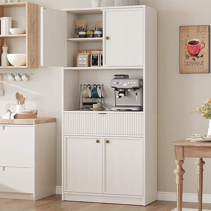IDEALHOUSE Tall Storage Cabinet, 70" Kitchen Pantry Cabinet with Doors, Fluted Kitchen Hutch Cupboard with Microwave Shelf & Drawer, Freestanding Cupboard for Dining Room, Living Room, Antique White