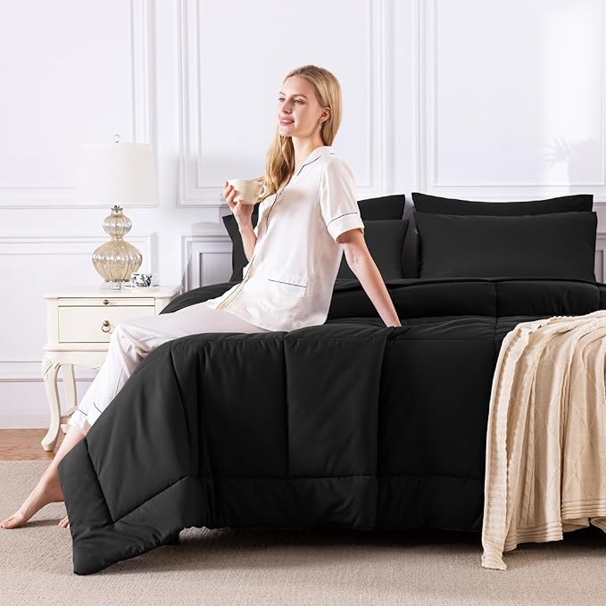 CozyLux Full Size Comforter Sets Black, 7 Pieces Bed in a Bag, Black Comforter Full Size, All Season Bedding Sets with Stitch Quilted Comforter, Flat Sheet, Fitted Sheet, Pillowcases