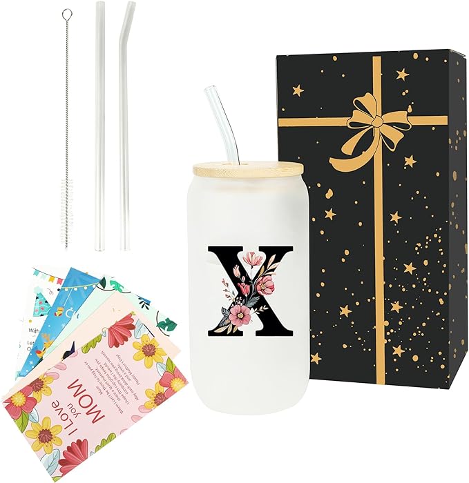 Monogrammed Glass Drinking Cup With Lid Straw Personalized Customized Post Cards Women Female Teacher Gifts for Birthday Christmas Holiday Xmas Personalized Unique Custom Inexpensive Present,W