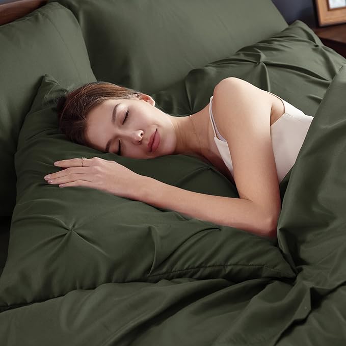 Bedsure Queen Comforter Set Olive Green - Bed in a Bag Queen Size Bedding 7 Pieces, GentleSoft™ Pintuck Bed Set Gift for Family, Pinch Pleat All Season Comforter with Sheets, Pillowcases & Shams
