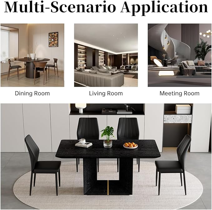 63" Modern Black Dining Table Set for 4 with Chairs, 5 Piece Rectangular Dining Room Table and 4 PU Leather Chairs, Kitchen Dining Set with Matte Wood Finish, Geometric Base, Easy Assembly