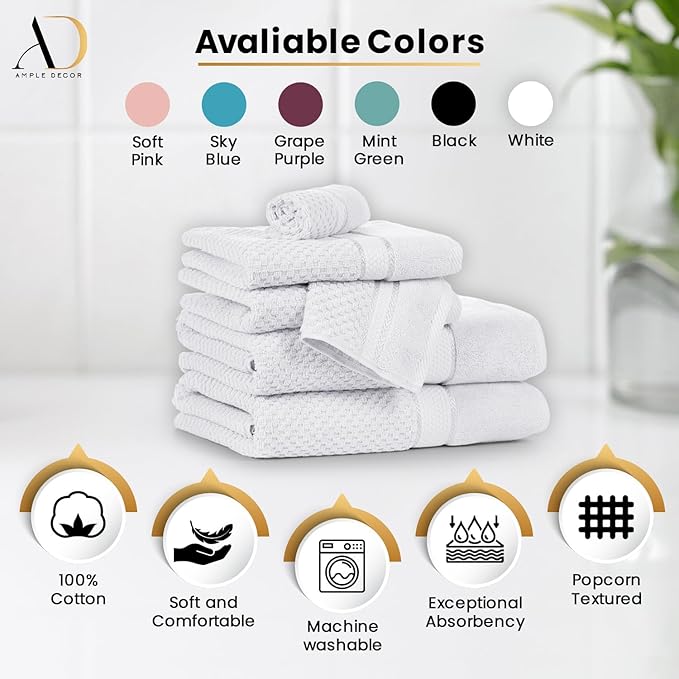 Ample Decor Washcloth Set of 200 White 100% Cotton - Qucik Dry Popcorn Textured - Mulaayam Collection - 12 X 12 Inch