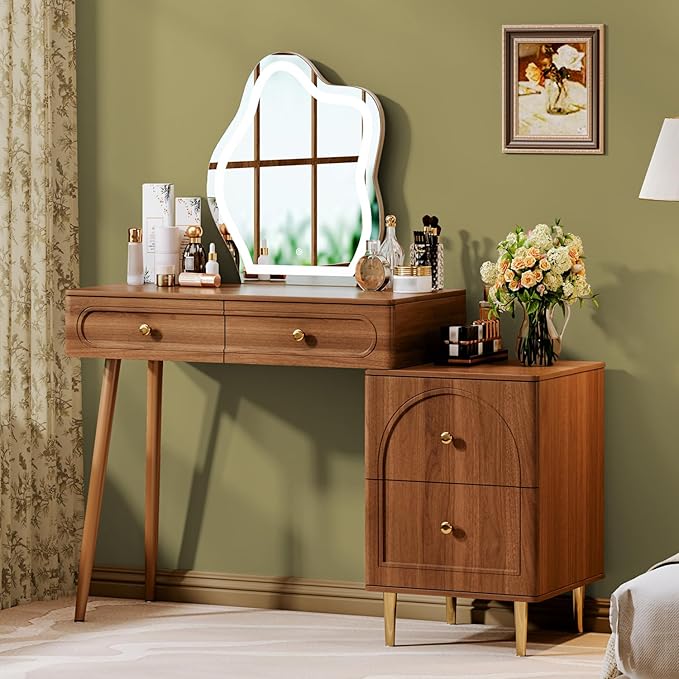 Walnut Stylish Corner Makeup Vanity Table，Vanity Desk with Lighted Mirror and 4 Spacious Drawers,Bedroom Essential Dressing Table with Nightstand，Modern Minimalist Writing Desk for Girls