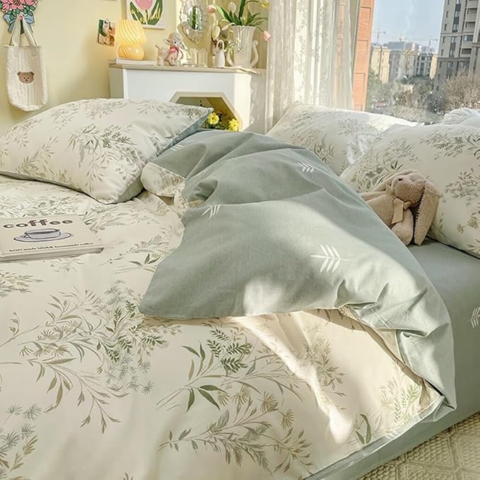 Garden Style Floral Duvet Cover Twin 3 Pieces Vintage Cottagecore Bedding Set 100% Cotton Botanical Floral Comforter Cover for Girls Women Chic Flower Leaves Plants Pattern Farmhouse Bedding Set