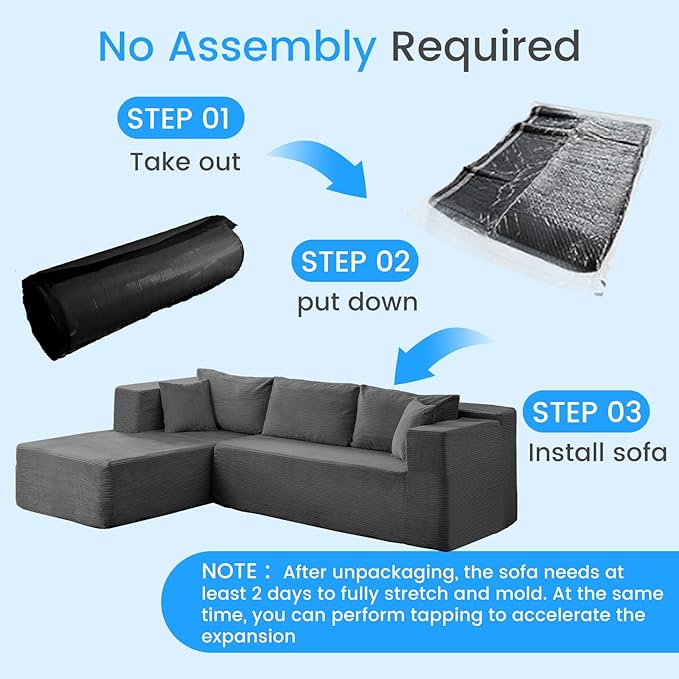 PUREMIND 106" Cloud Sectional Couch for Living Room, Corduroy L Shape Sofa with Deep Seat, Modular Boneless Foam Couch Corner Couches No Assembly Required