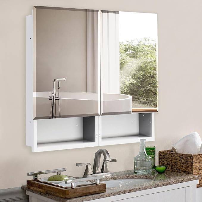 Medicine Cabinet with Mirror, 32x26 Inch Bathroom Mirrored Cabinet with Double Doors, Extra Storage Space, Bevel Mirror Wall Cabinet, Recessed or Surface Mount
