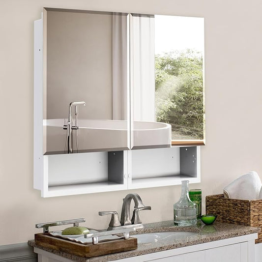 Medicine Cabinet with Mirror, 32x26 Inch Bathroom Mirrored Cabinet with Double Doors, Extra Storage Space, Bevel Mirror Wall Cabinet, Recessed or Surface Mount